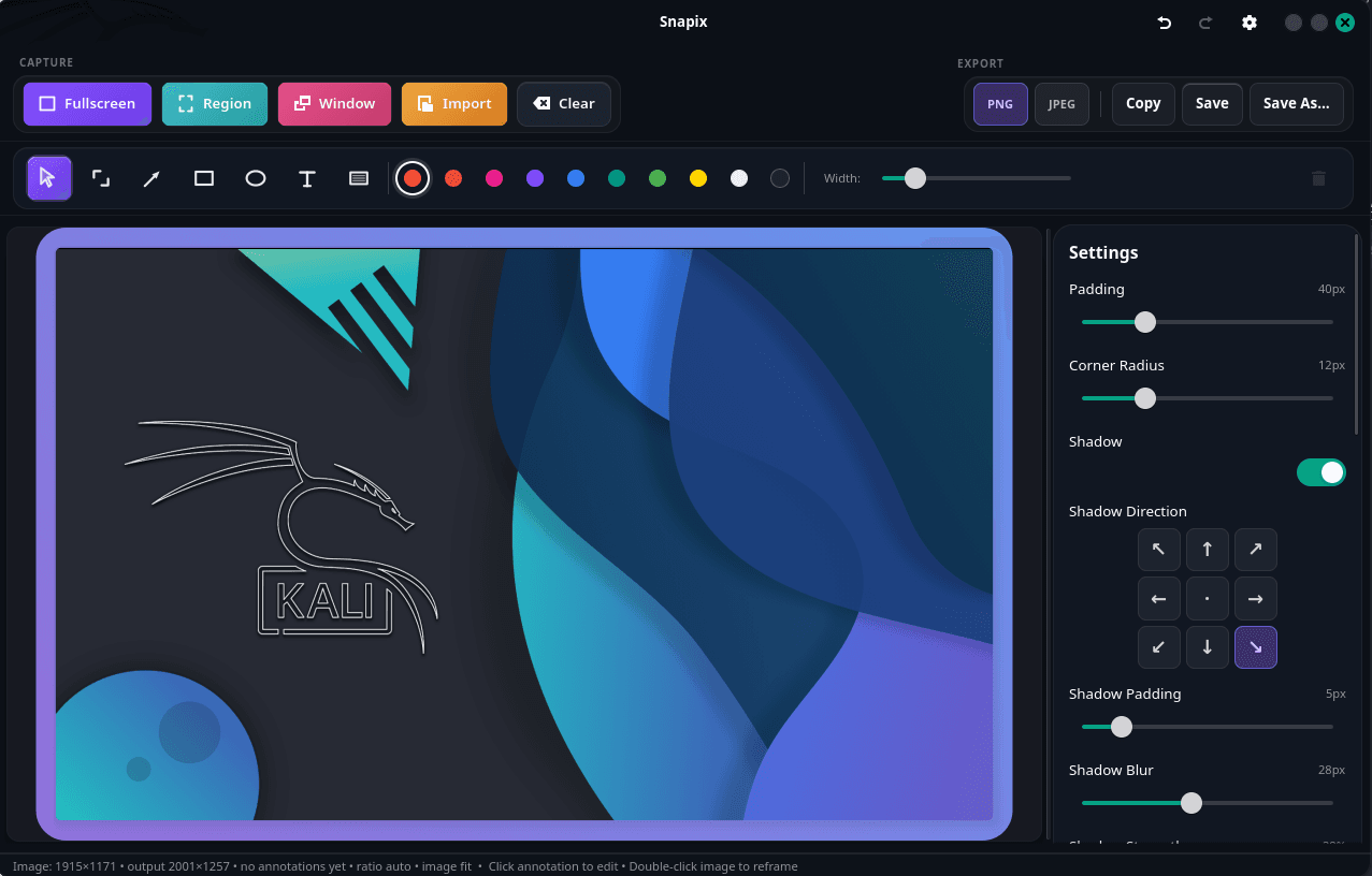 Snapix editor interface showing screenshot controls and preview